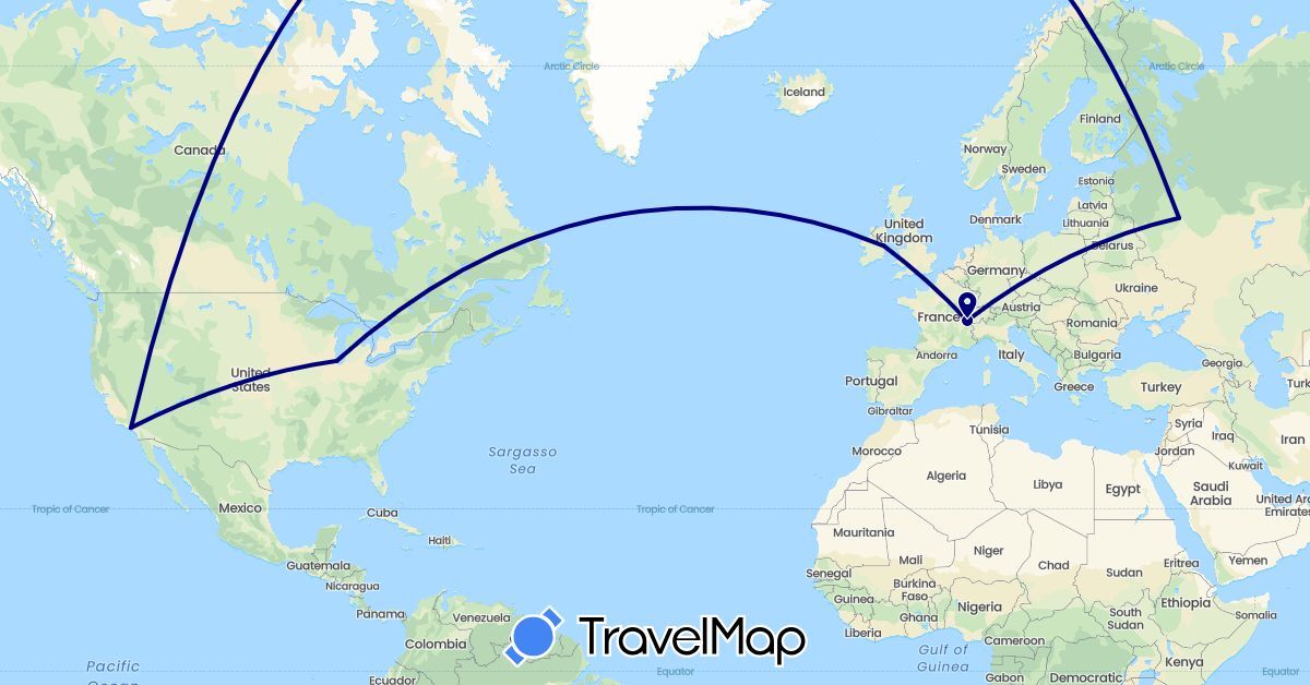 TravelMap itinerary: driving in Switzerland, Ireland, Russia, United States (Europe, North America)